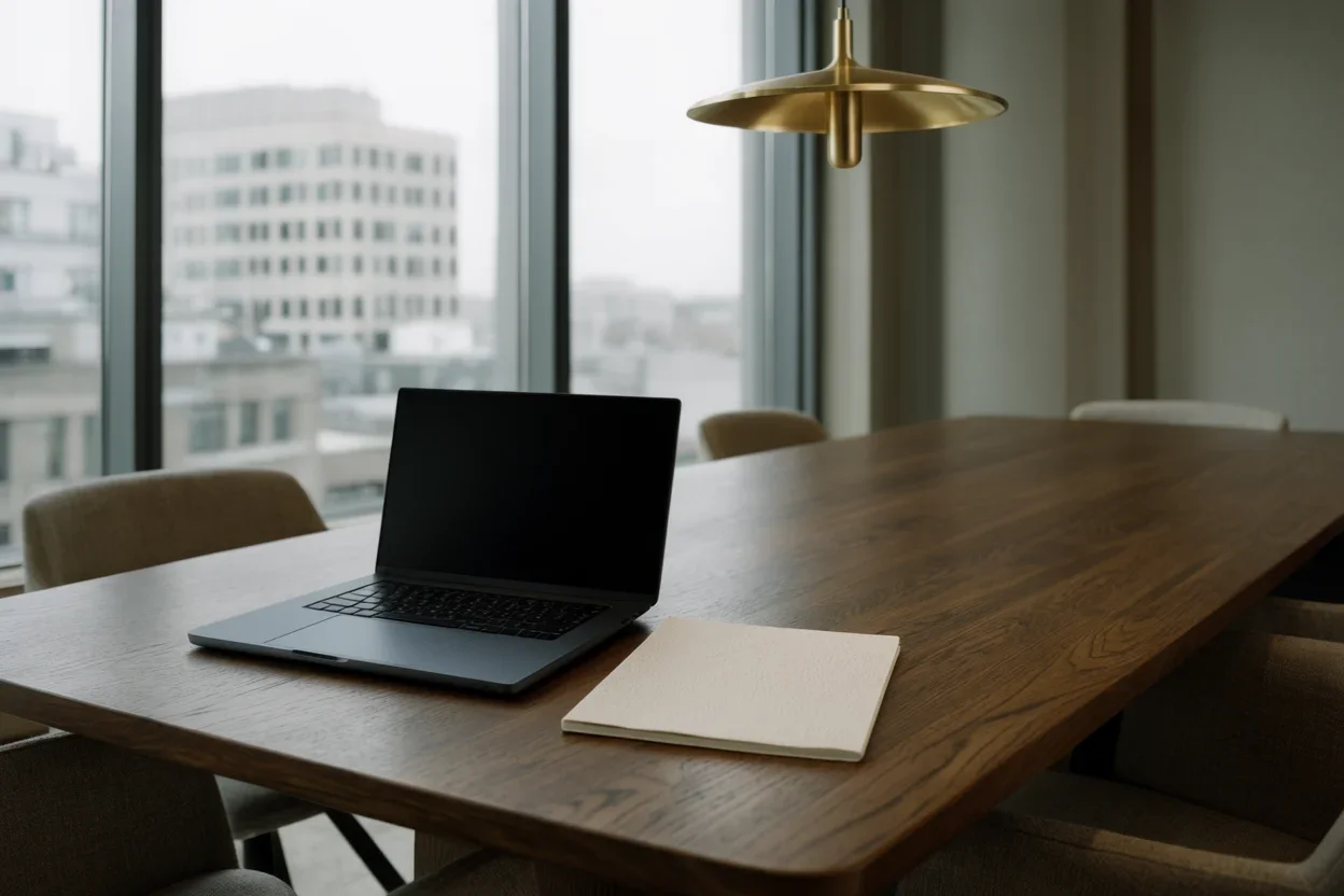 A quiet modern meeting room with daylight from a tall window