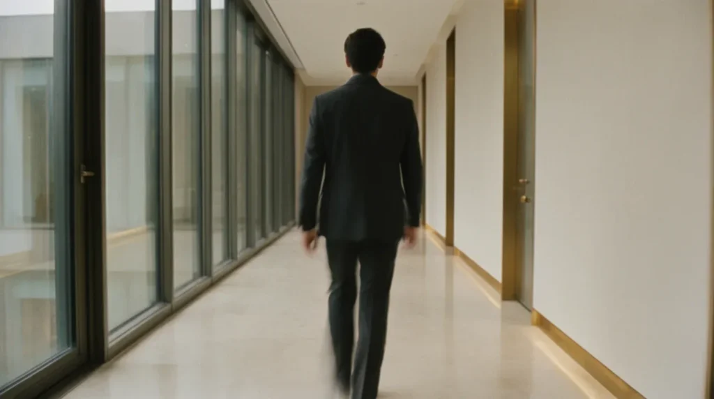 A professional walking away along a bright modern office corridor