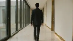 A professional walking away along a bright modern office corridor