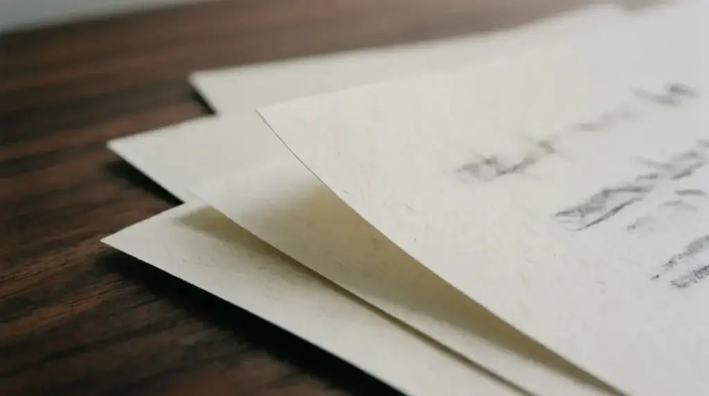 A fan of printed document pages overlapping on a dark desk in raking light
