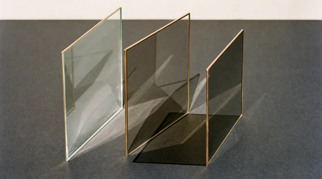 Three panes of glass casting layered shadows that converge into one area