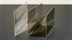 Three panes of glass casting layered shadows that converge into one area