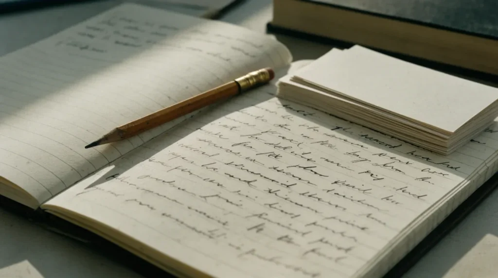 An open notebook of handwritten revision notes beside index cards and a textbook