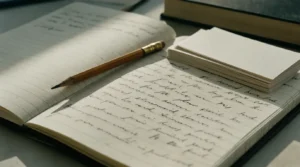 An open notebook of handwritten revision notes beside index cards and a textbook